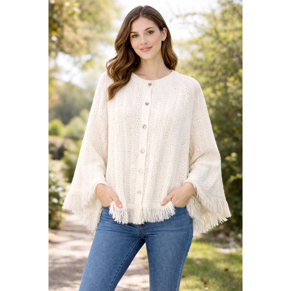 Vintage‎ Womens Poncho Fringe Knit OSFA White Bohemian Hippie Sweater Shrug